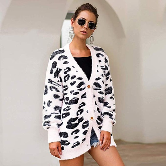 Loose Knit White Leopard Cardigan Womens - Picture 3 of 4